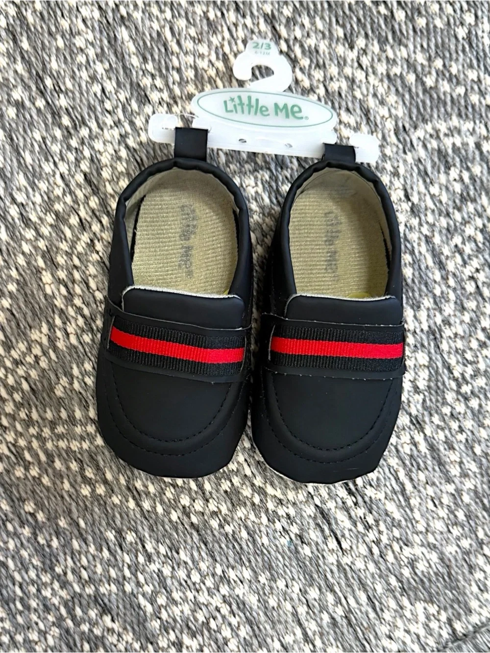 New Little Me Baby Boy Dress Shoes Black Loafers with Red Stripe 6-12 Months 2/3